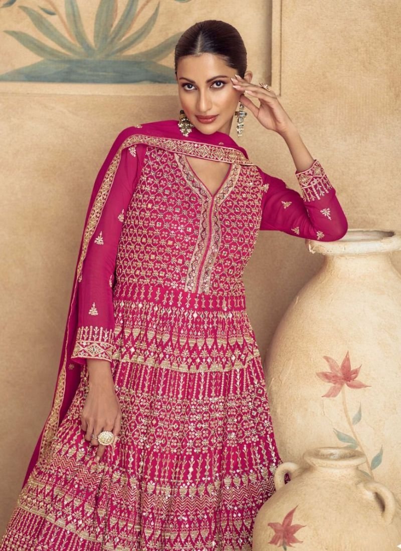 Stylish thread embroidered georgette anarkali suit in pink