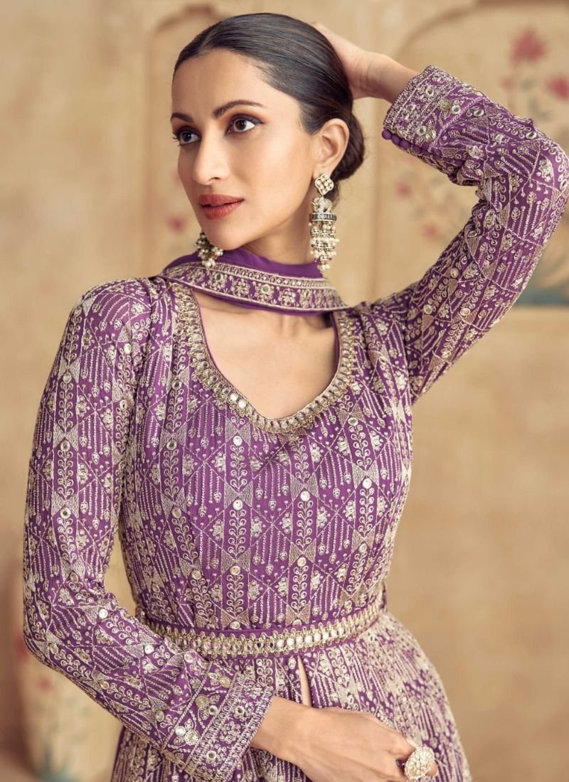 Stylish thread embroidered georgette anarkali suit in purple