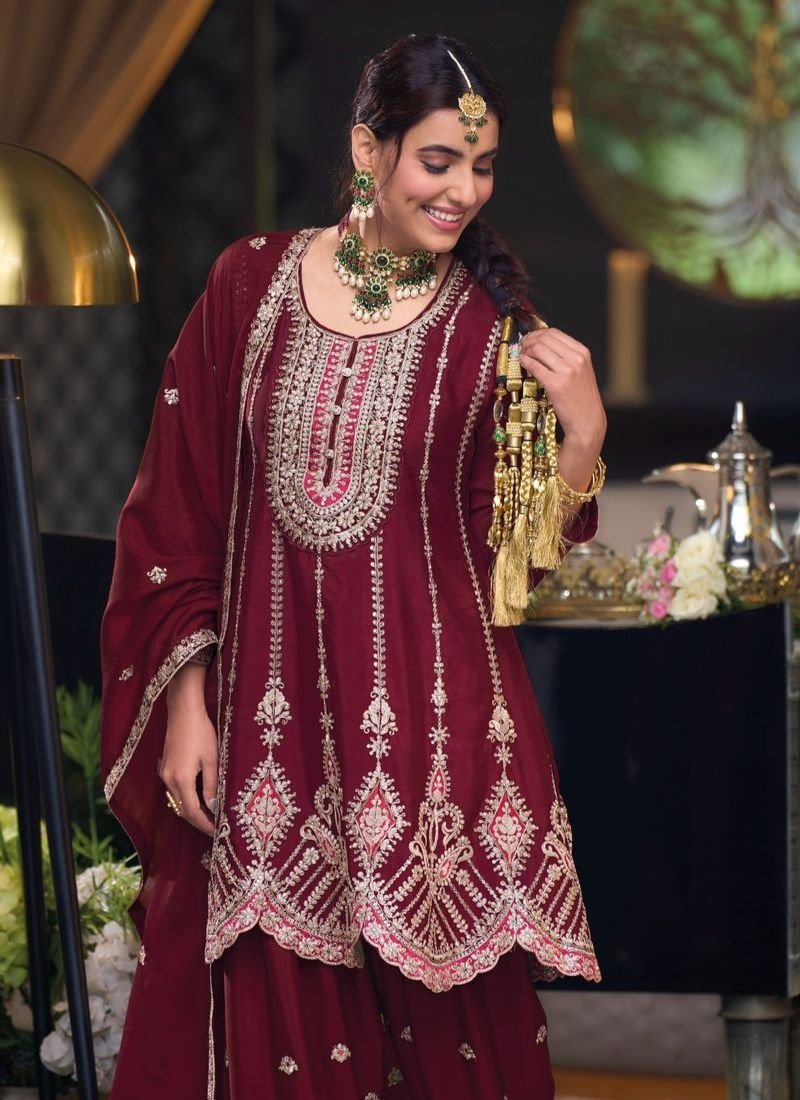 Exquisite designer embroidered chinon salwar kameez in maroon