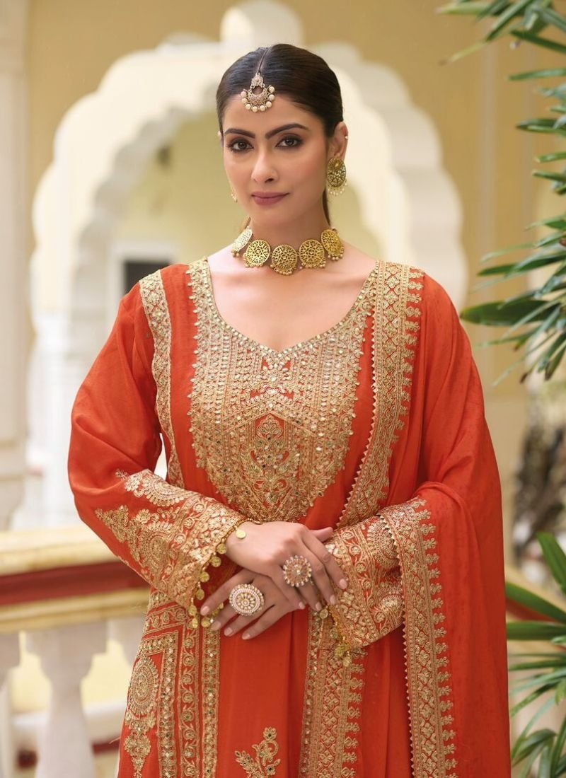 Stunning thread embroidered chinon palazzo suit in orange