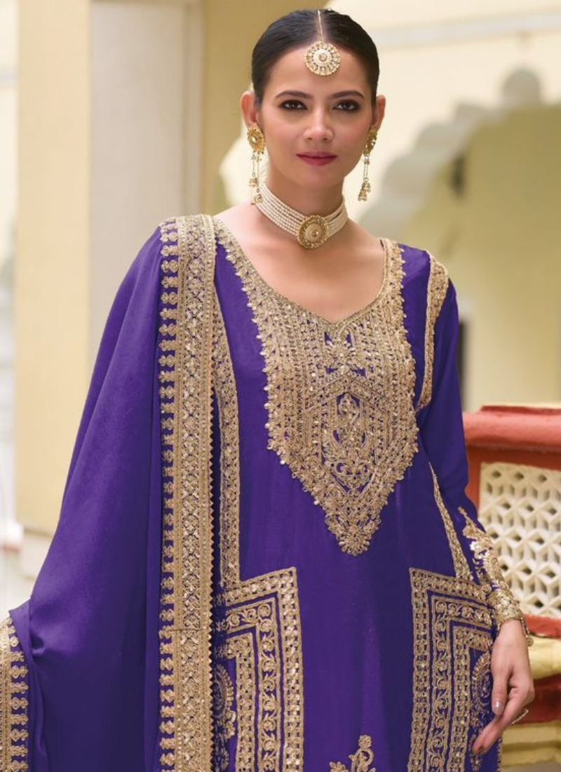 Stunning thread embroidered chinon palazzo suit in violet