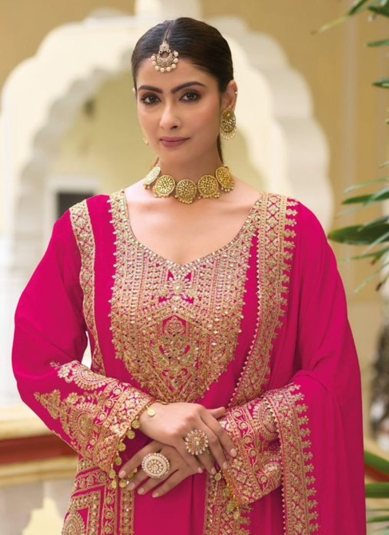 Stunning thread embroidered chinon palazzo suit in pink