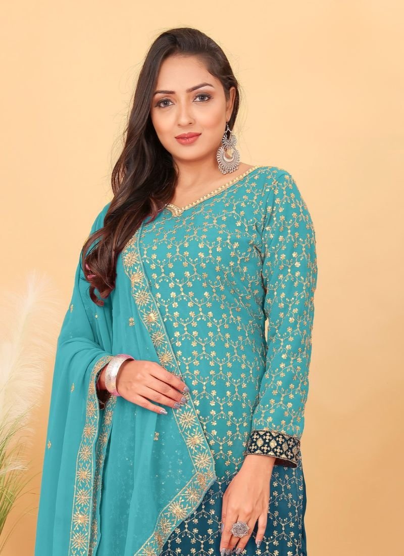 Elegant embroidered georgette kurta pant suit in blue