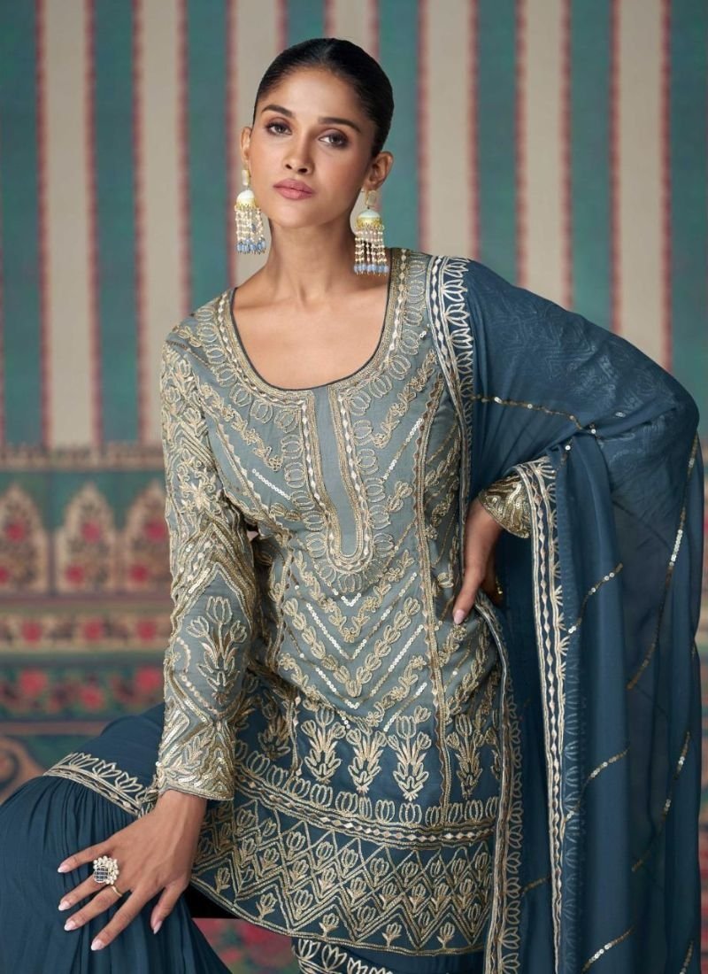 Stunning embroidered georgette sharara suit in dark blue