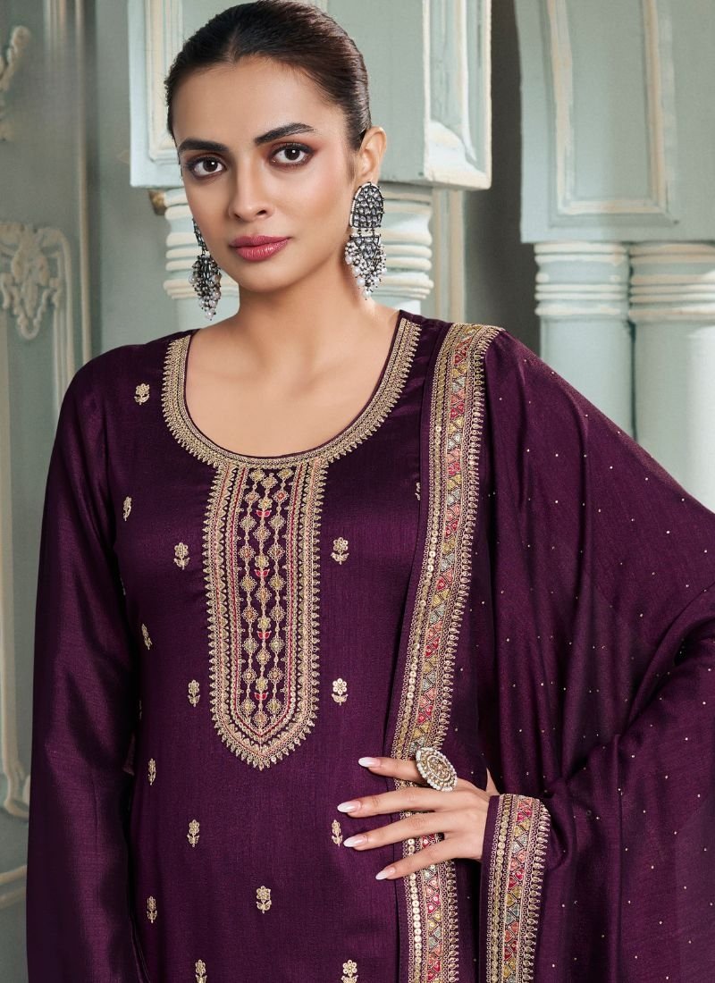 Elegant mirror embroidered georgette palazzo suit in maroon