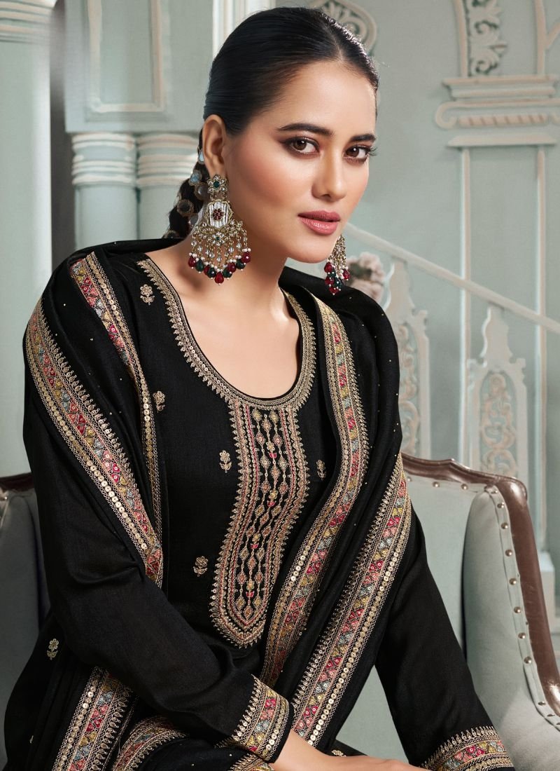 Elegant mirror embroidered georgette palazzo suit in black