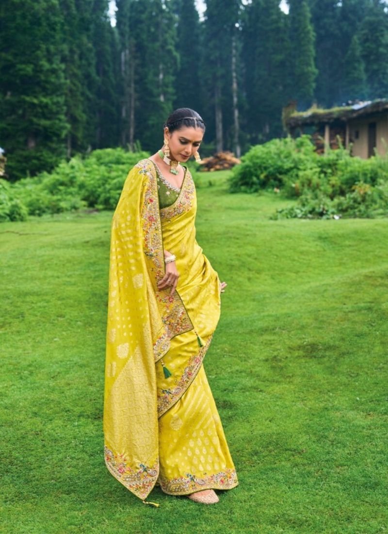 Beautiful hand embroidered organza silk saree in yellow