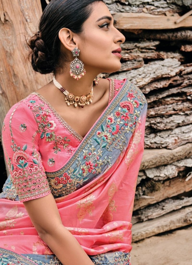 Beautiful hand embroidered organza silk saree in baby pink