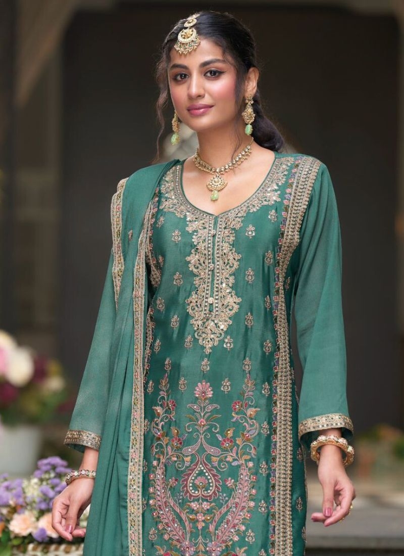 Stunning embroidered chinon palazzo suit in dark green