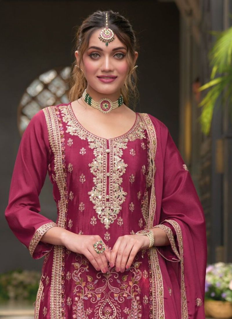 Stunning embroidered chinon palazzo suit in magenta