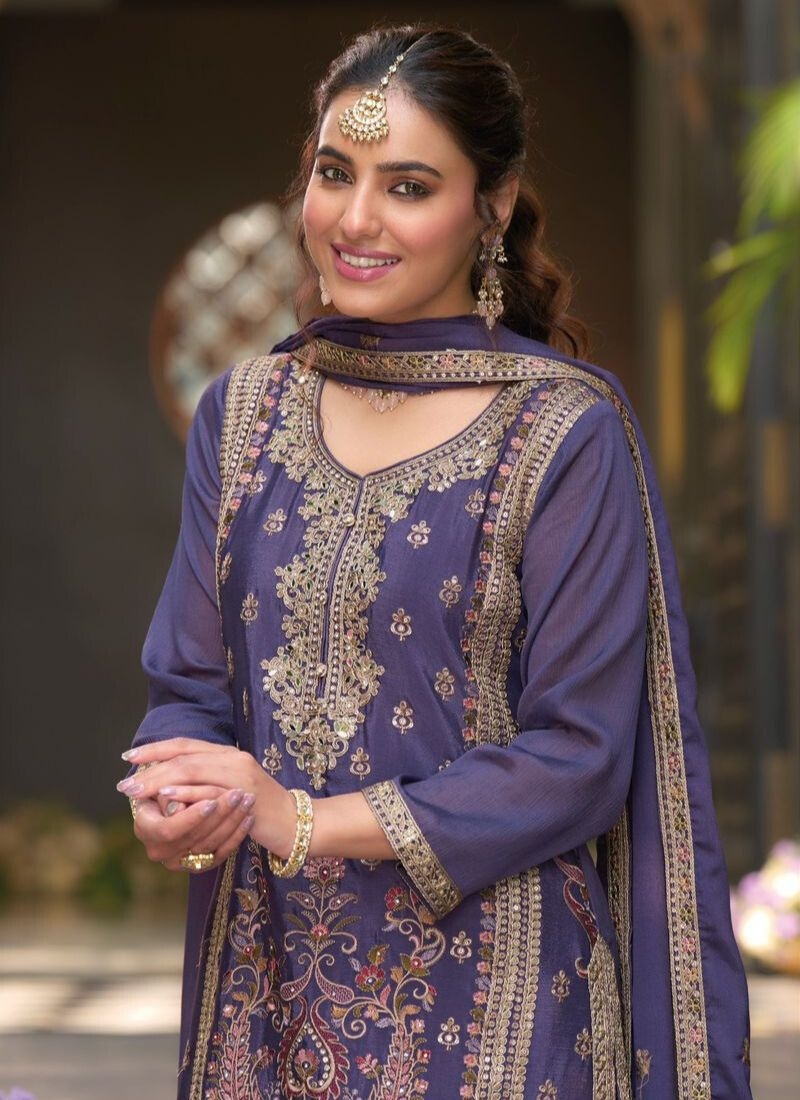 Stunning embroidered chinon palazzo suit in violet