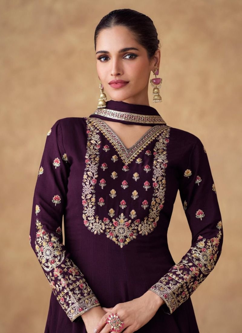 Beautiful embroidered Chinon long Anarkali with dupatta in Dark violet