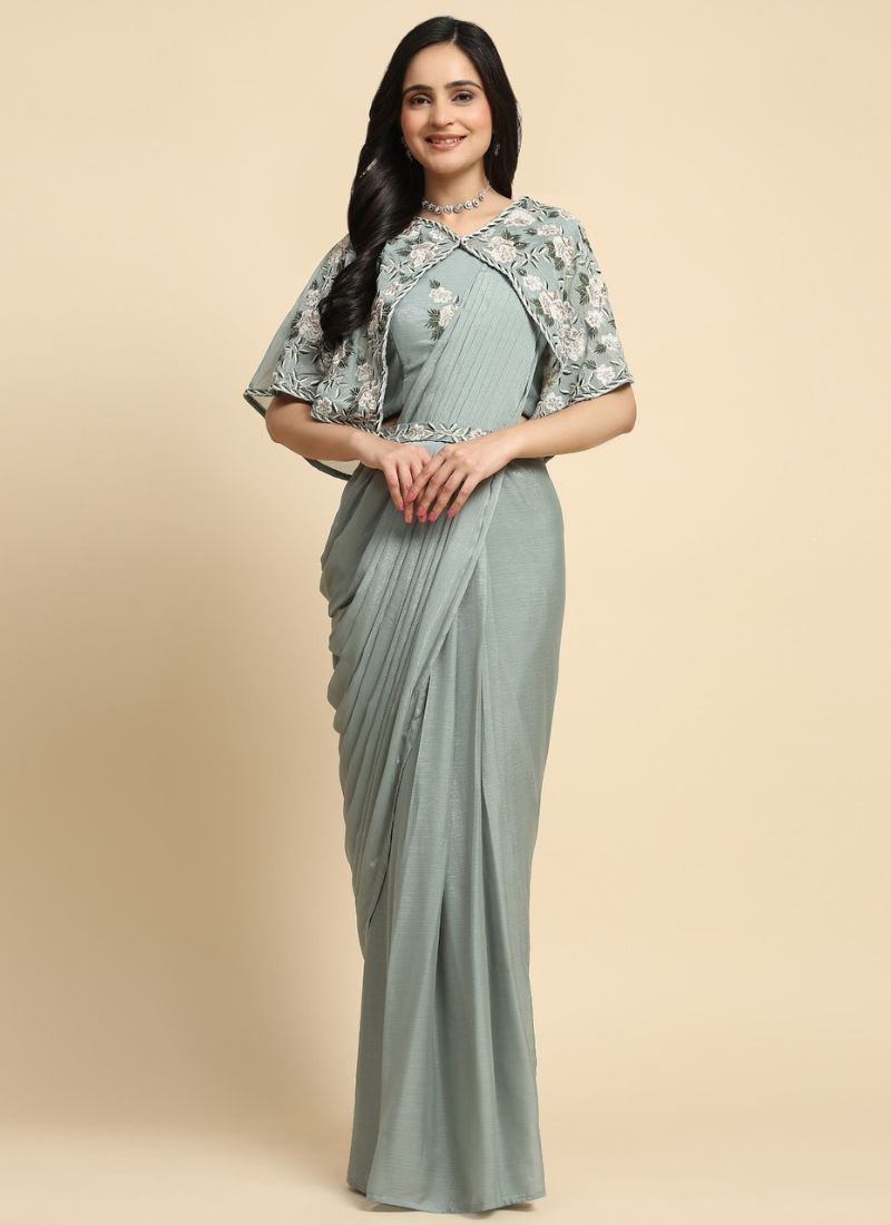 Stylish embroidered chiffon saree with printed jacket in sage green