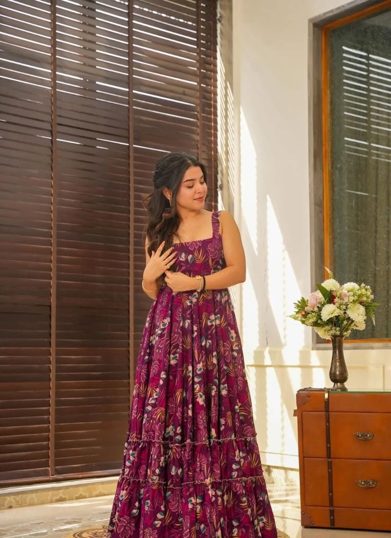 Stunning digital printed faux georgette anarkali in purple