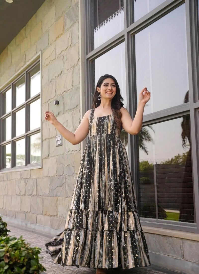 Stunning digital printed faux georgette anarkali in black