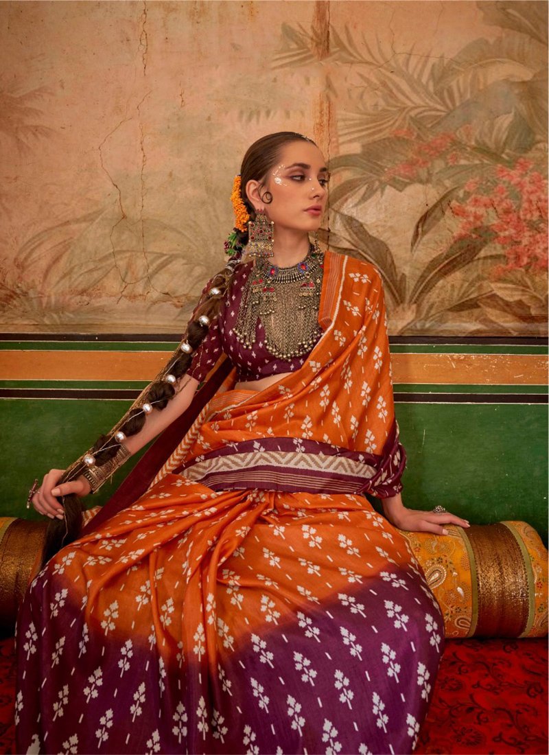 Stunning jacquard weaving silk saree in orange