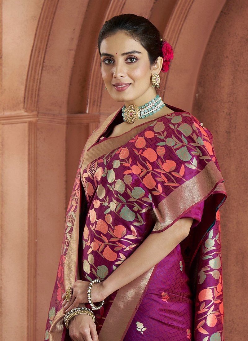 Elegant hand-woven banarasi silk saree in purple