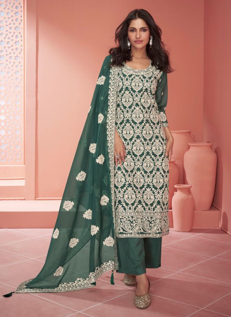 Heavily embroidered organza palazzo suit in dark green