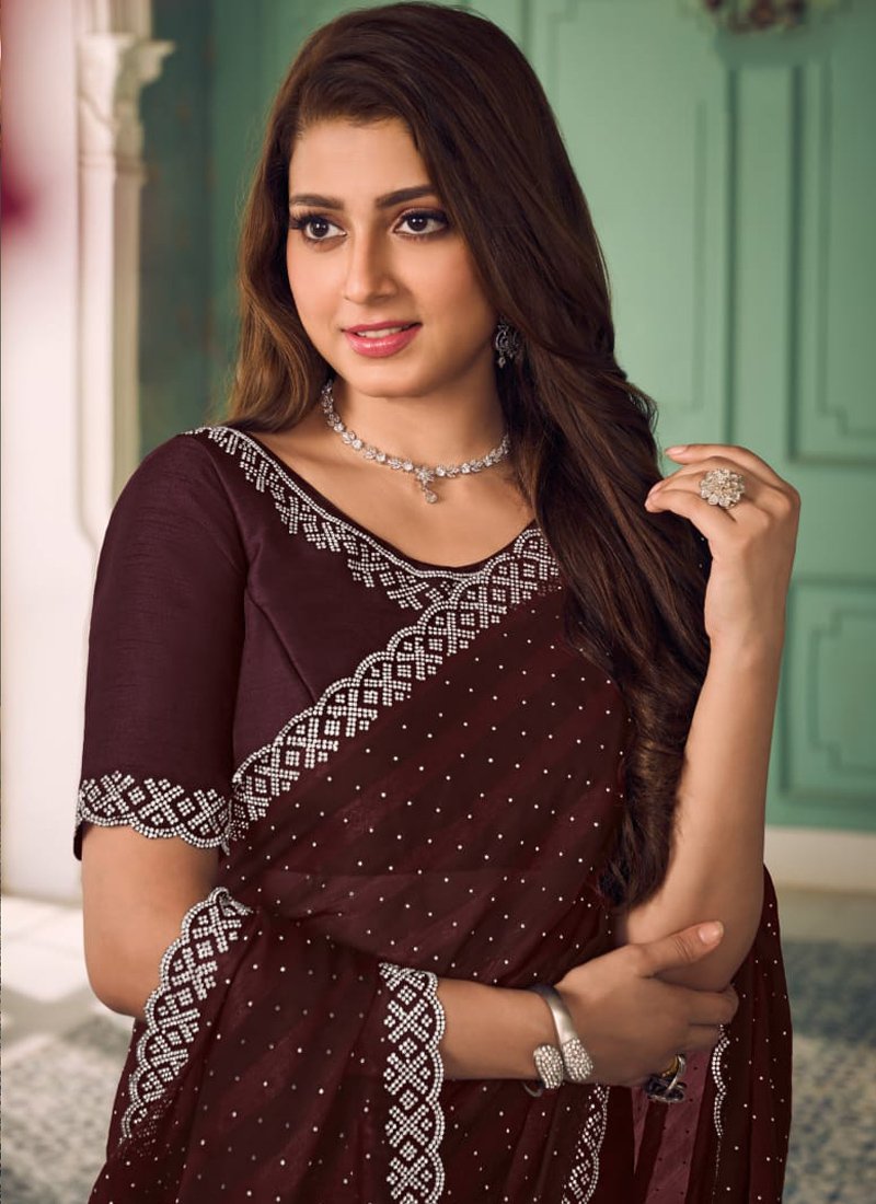 Designer thread embroidered chiffon saree in maroon