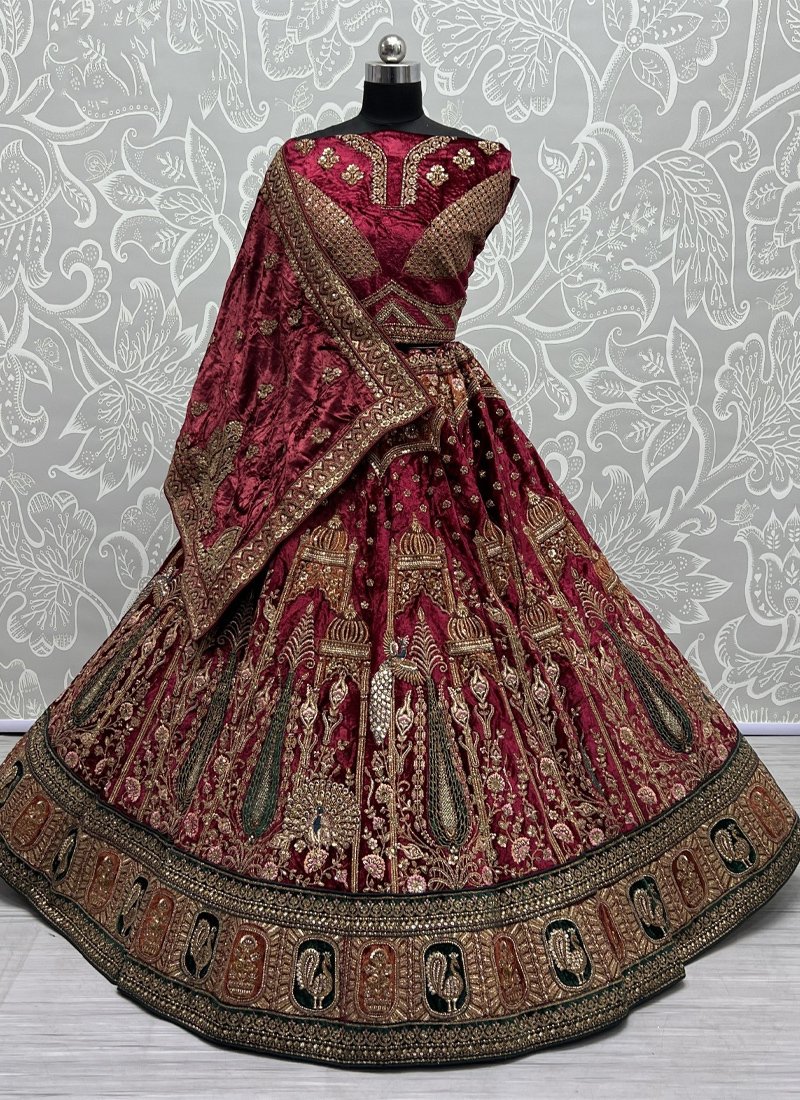 Bridal heavy embroidered soft velvet lehenga choli in red