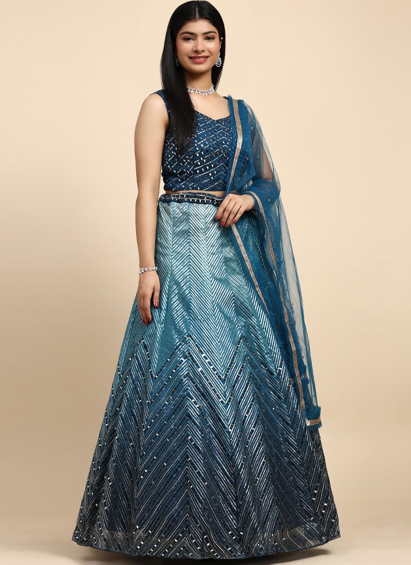 Elegant mirror embroidered organza lehenga in dark blue