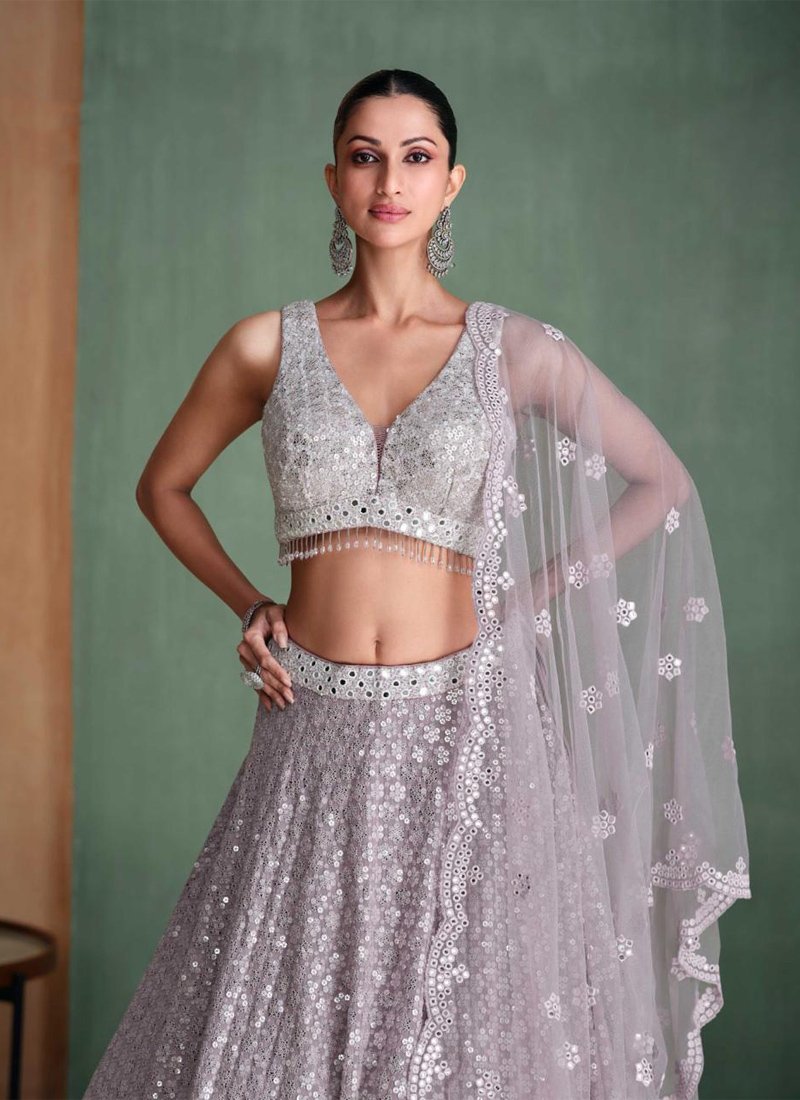 Beautiful hand-embroidered georgette lehenga choli in light purple