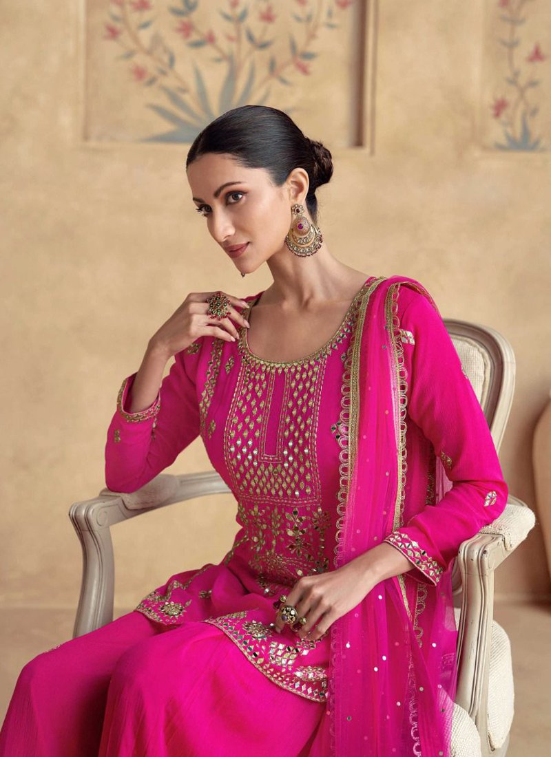 Designer floral embroidered chinon palazzo set in pink