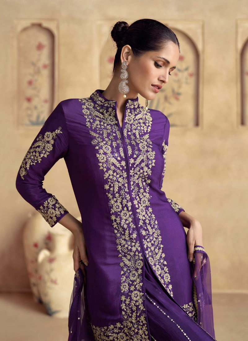 Designer floral embroidered chinon palazzo set in violet