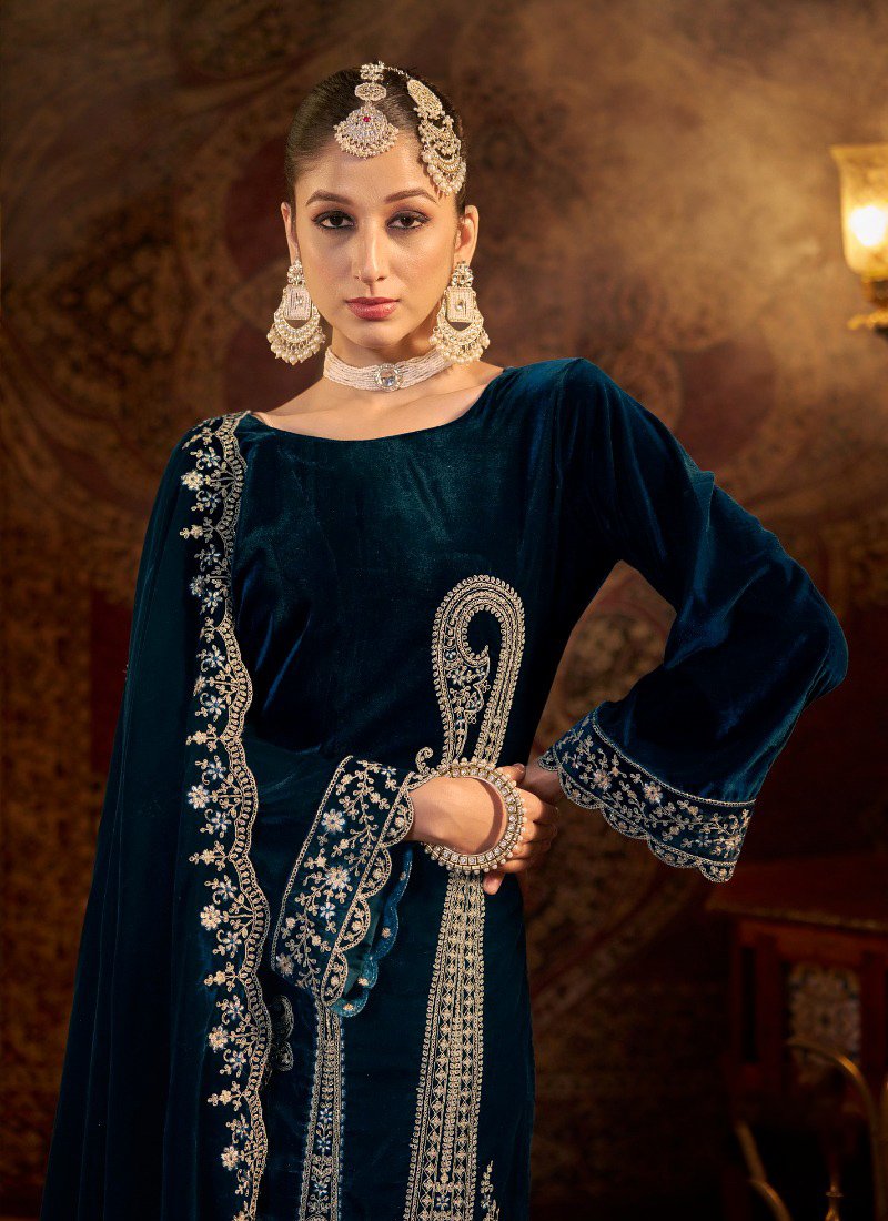 Beautiful floral embroidered pure velvet pantsuit with pashmina shawl in dark blue