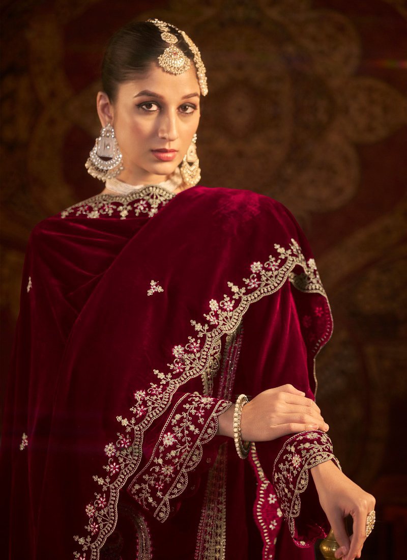 Beautiful floral embroidered pure velvet pantsuit with pashmina shawl in red