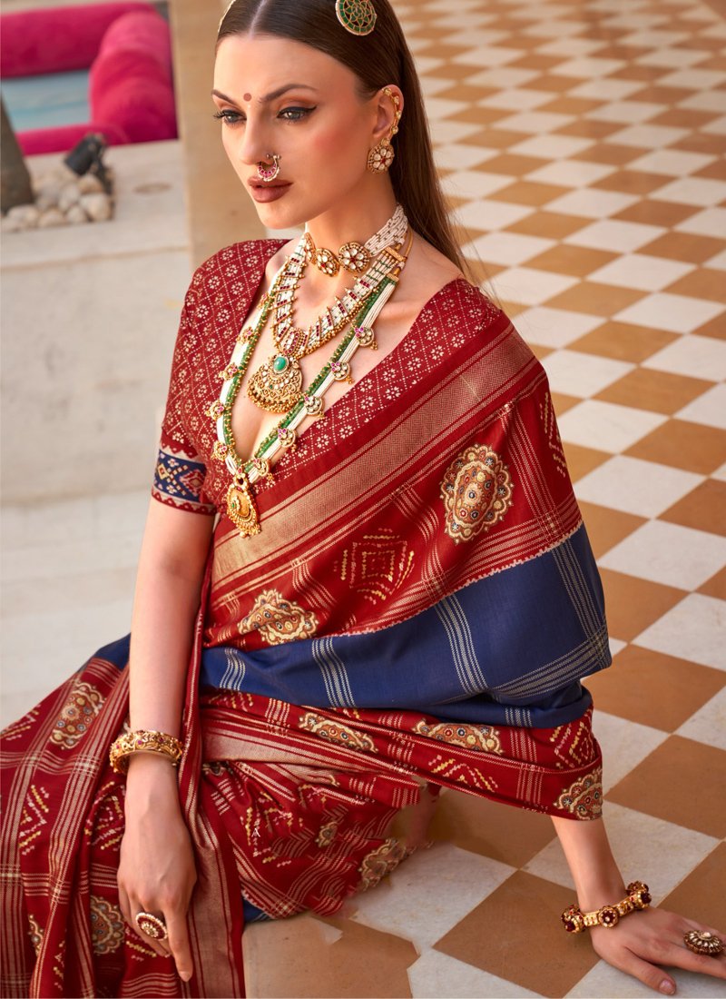 Designer foil printed silk saree in royal blue