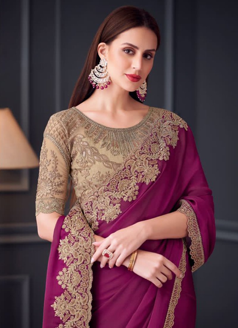 Beautiful heavy floral embroidered satin silk saree in magenta