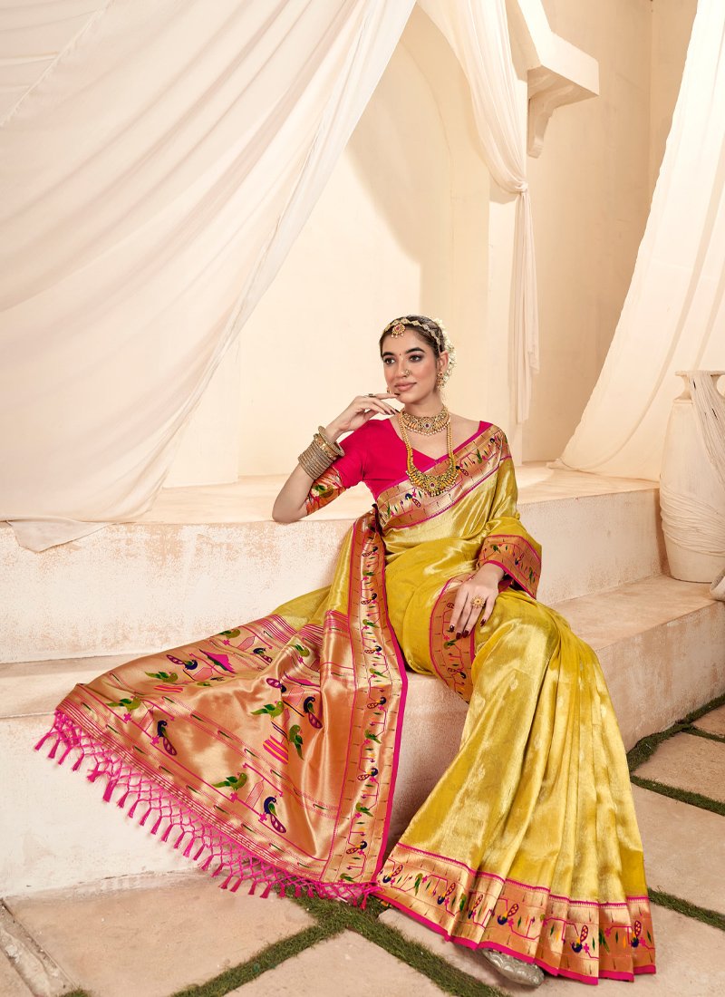 Beautiful handloom weaving tissue silk saree in yellow