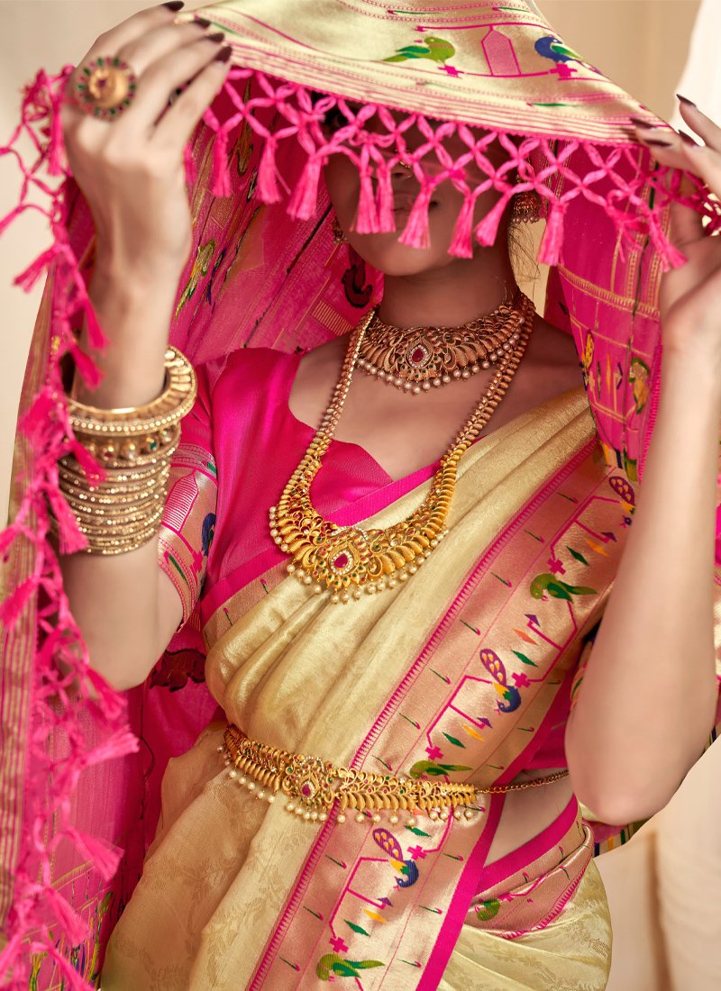 Beautiful handloom weaving tissue silk saree in light yellow