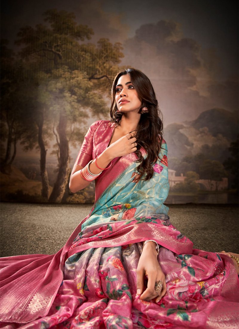 Elegant floral digital printed cotton silk saree in pink