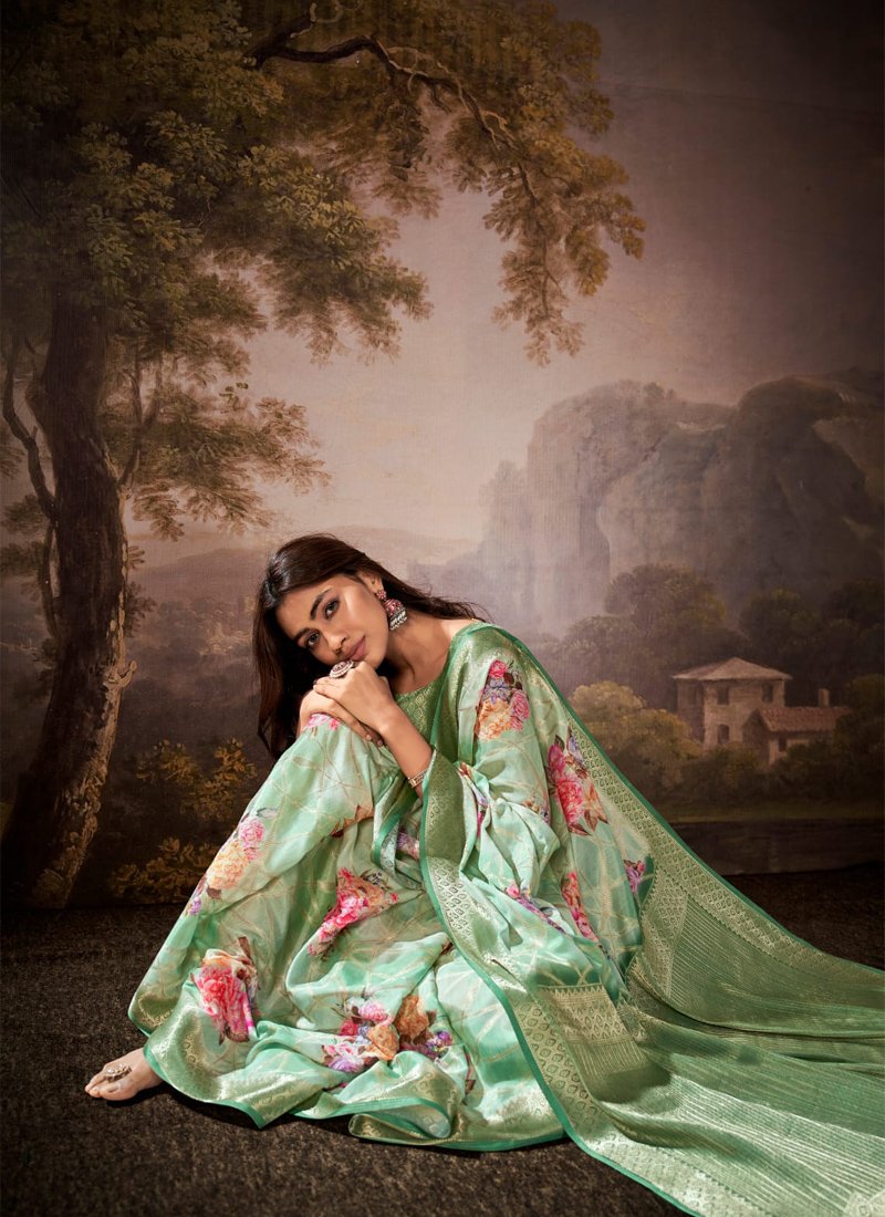 Elegant floral printed cotton silk saree in green