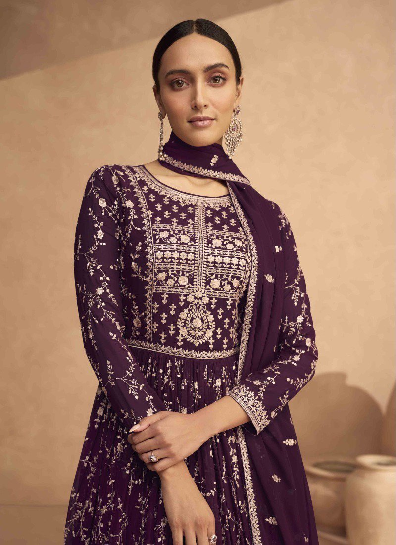 Designer heavy thread embroidered faux georgette anarkali suit in maroon