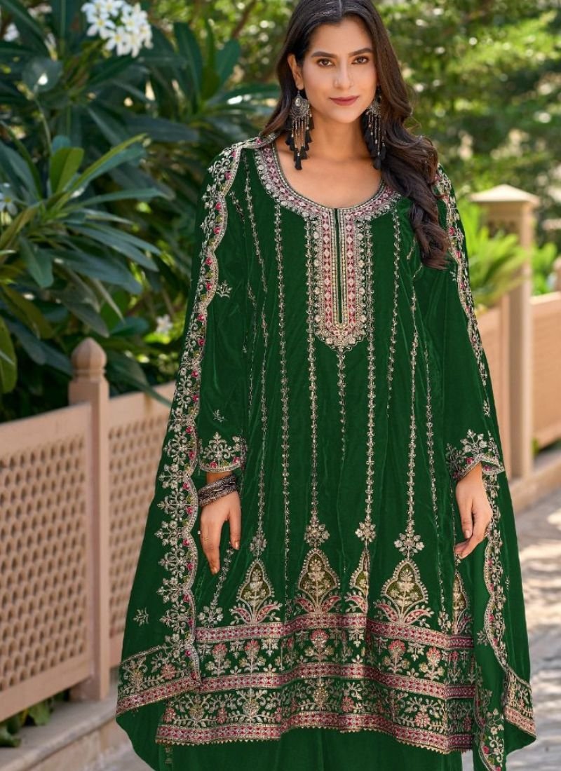 Trendy Velvet Kurta palazzo set in green