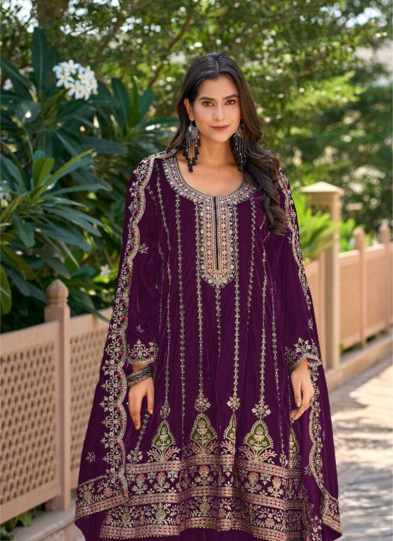 Trendy Velvet Kurta palazzo set in purple