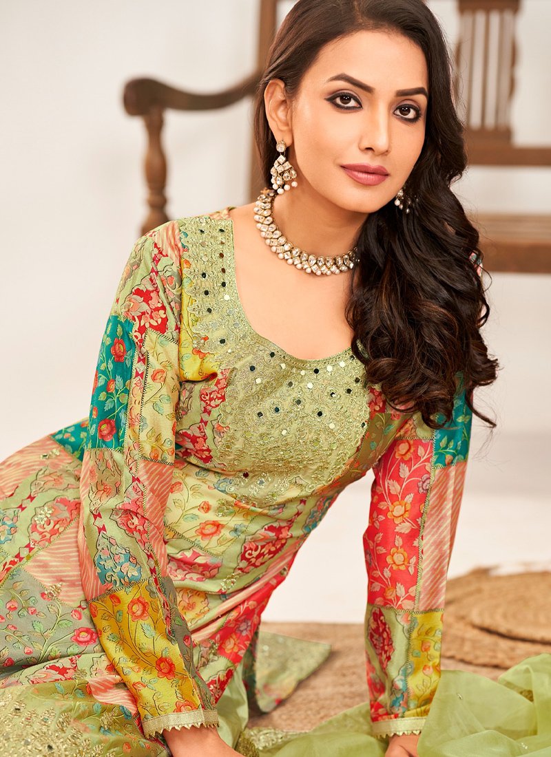 Stunning heavy embroidered premium chinon palazzo suit in light Green