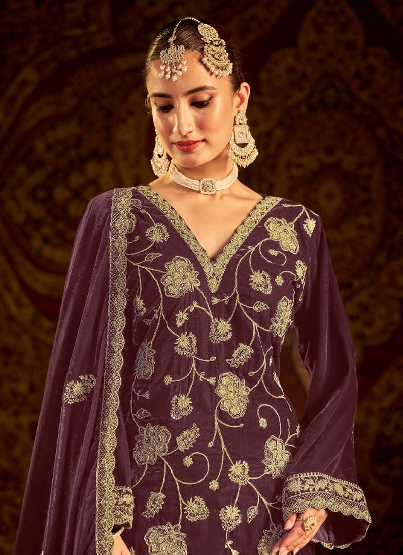 Beautiful floral embroidered pure velvet pant suit in purple