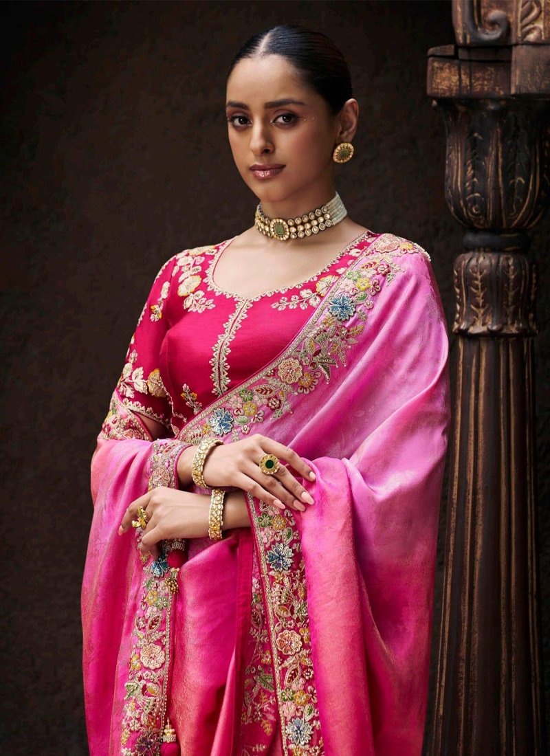 Designer zari embroidered viscose tissue saree in dark pink