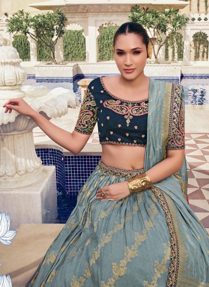 Stylish hand-weaving organza tissue lehenga choli in blue