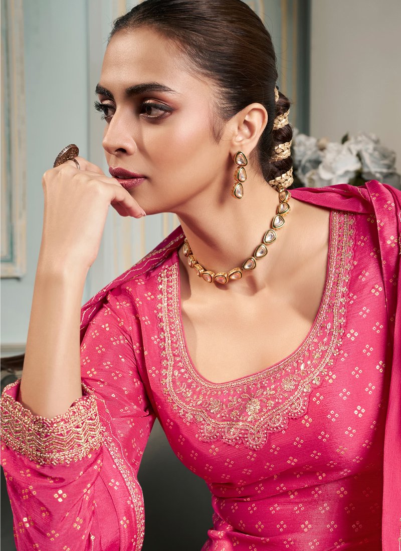 Beautiful heavy embroidered chinon sharara suit in pink