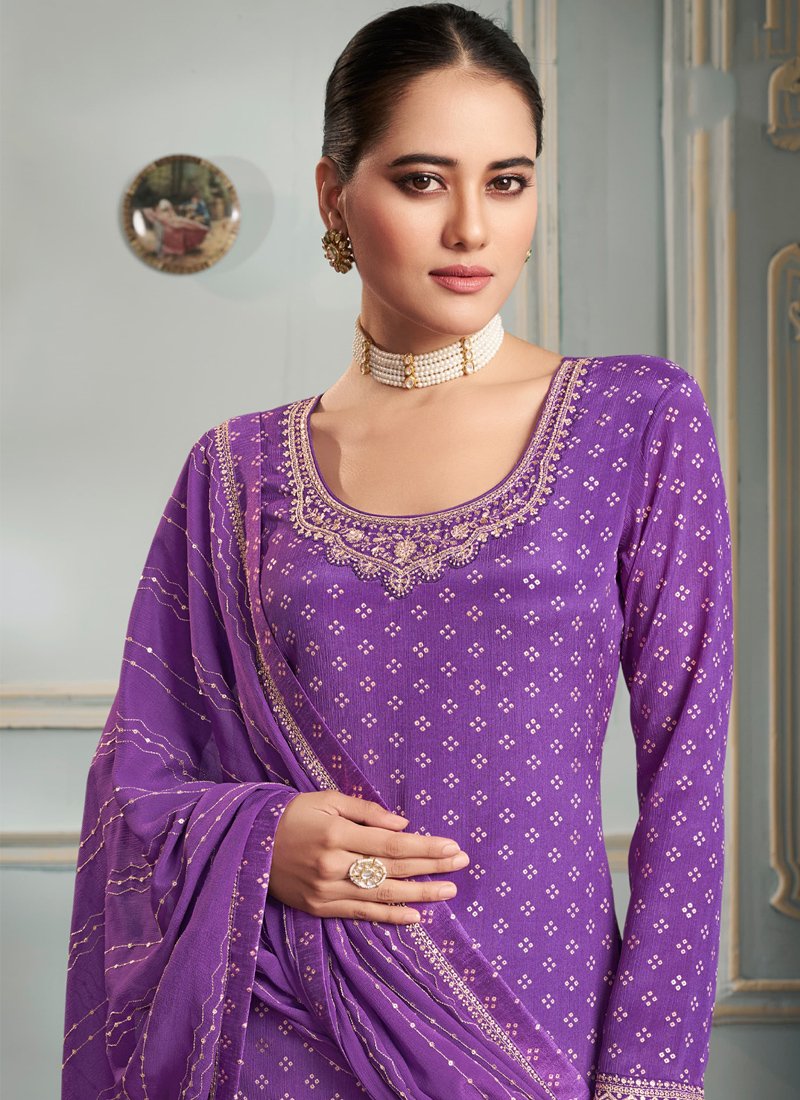 Beautiful heavy embroidered chinon sharara suit in purple