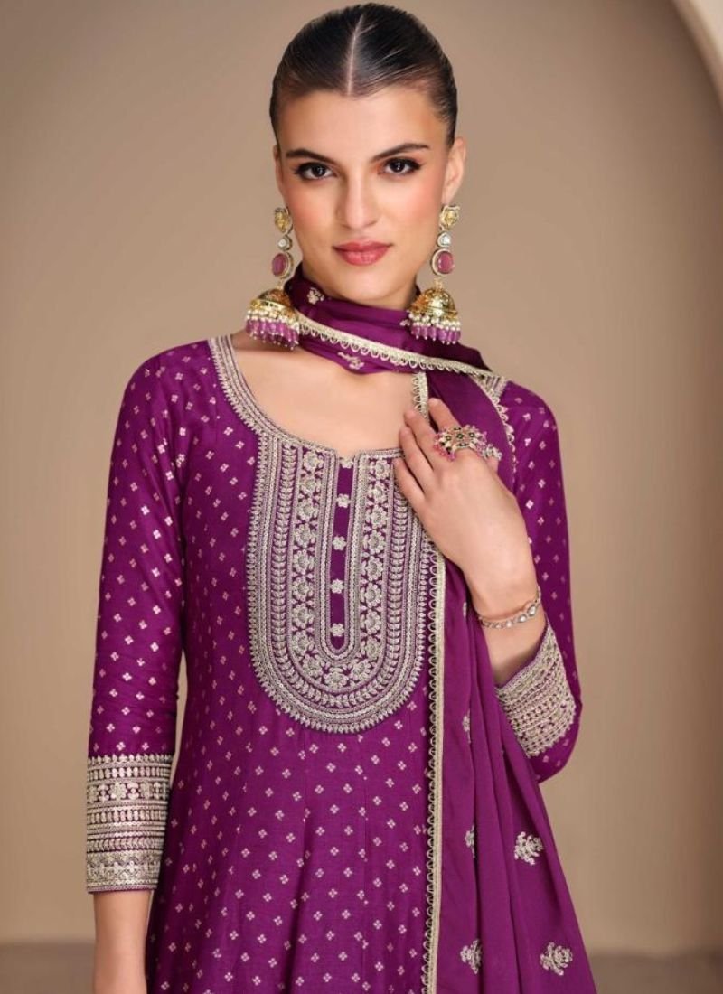 Stylish printed pure viscose anarkali suit in purple