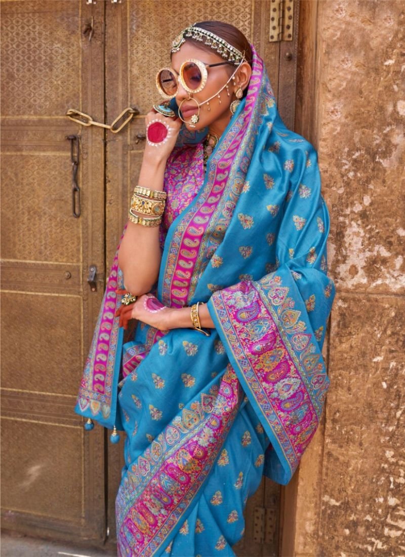 Traditional floral printed soft silk saree in blue