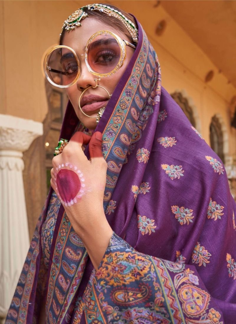 Traditional floral printed soft silk saree in purple