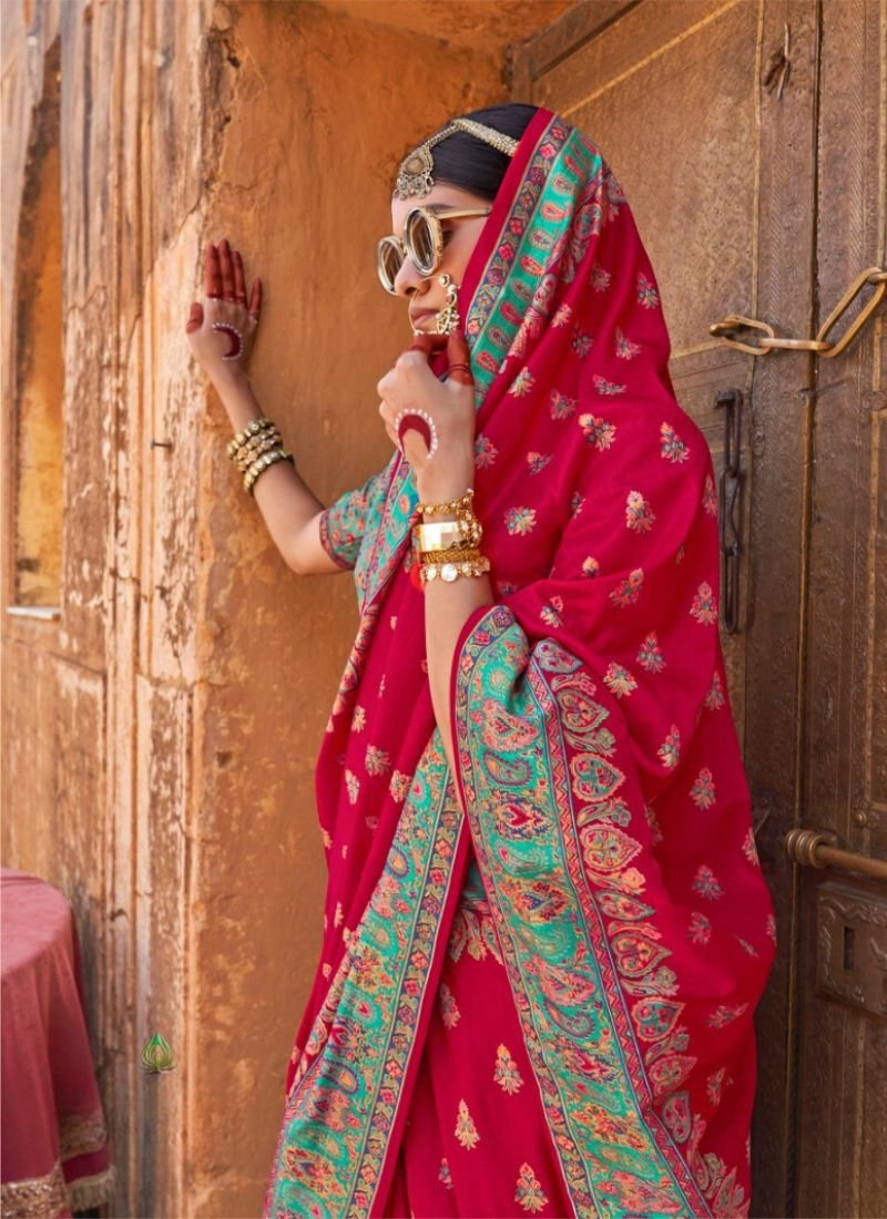 Traditional floral printed soft silk saree in red