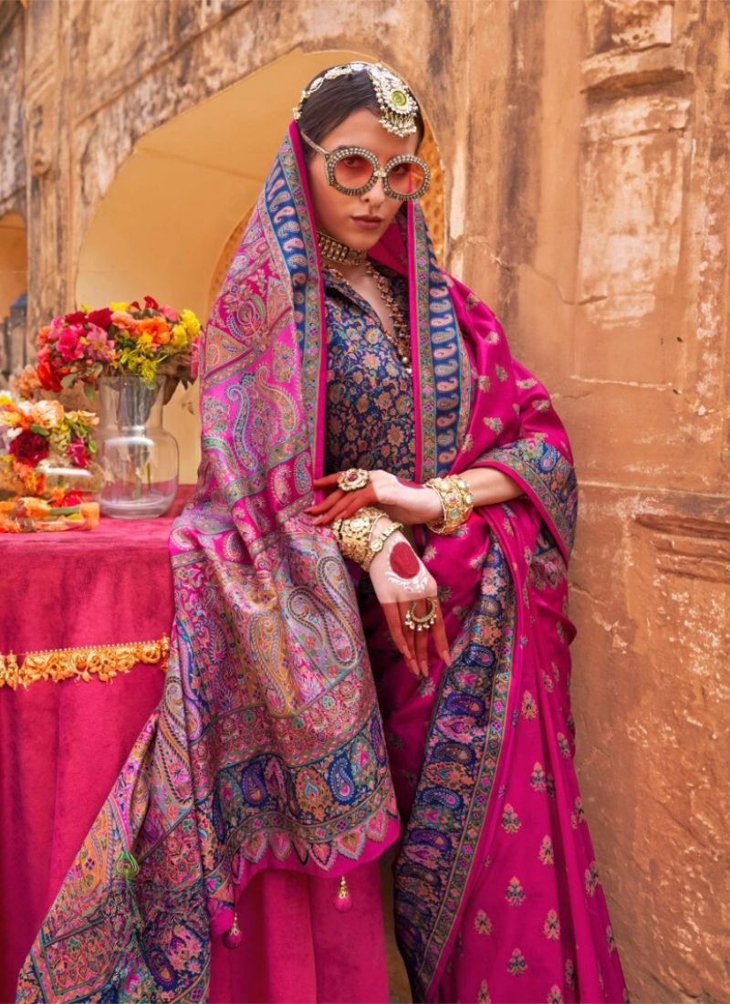 Traditional floral printed soft silk saree in pink